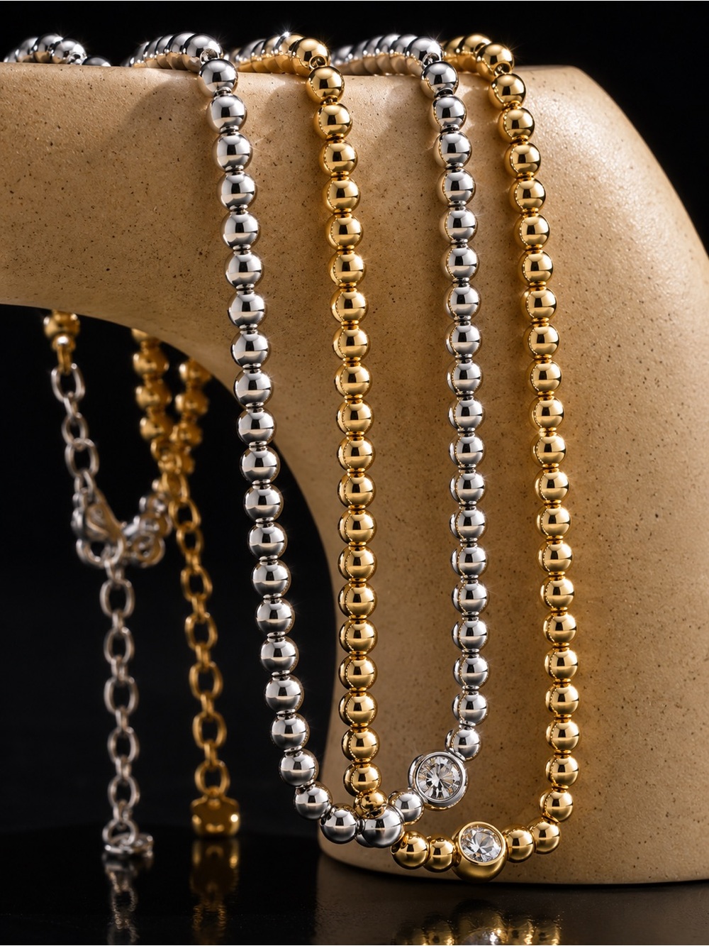 Silver tone Beaded Necklace with Clear Crystal Accent - Picture 4 of 8